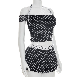 วิวิบลุค J26ST178 ชุดฤดูร้อนสำหรับผู้หญิงลายจุดพิมพ์ลายลูกไม้ปิดไหล่เสื้อครอปหลวมกางเกงขาสั้นชุดสองชิ้น - Product Image 3