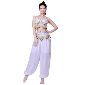 Ensemble pantalon et haut à bretelles sexy en <span class=keywords><strong>crochet</strong></span> fait main avec pompons et pièces de monnaie dorées pour femmes, tenue de danse orientale et costumes de scène - Product Image 6