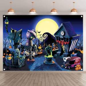 Personalizzato Incubo Personalizzato a Tema Festa di Zucca <span class=keywords><strong>Luna</strong></span> Città <span class=keywords><strong>Sfondo</strong></span> Tessuto per Halloween Bambino Doccia Feste di Natale - Product Image 1