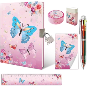Mini Diario con Candado para Niñas, Set Secreto que Incluye Diario de Cartón con Candado para Niños, Bloc de Notas, 6 Bolígrafos Multicolor, Regla, 112 Páginas - Product Image 1