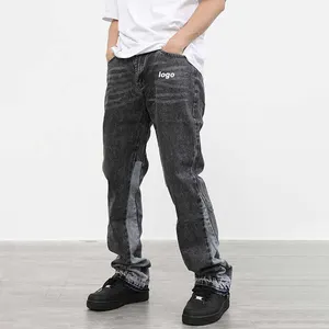 High Quality Custom Vintage Washed Color Blocking Disstreet Raw Cut Denim Jeans Loose Fit Vintage Stacked Flare Pants Men