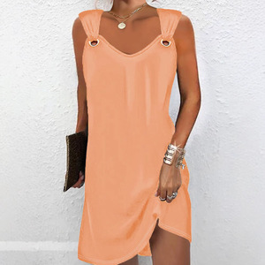 Robe midi élégante et décontractée pour femme, grande taille, col en V, sans manches, couleur unie, avec boutons métalliques, idéale pour le bureau ou les occasions chic, pour le dropshipping Shopify - Product Image 4