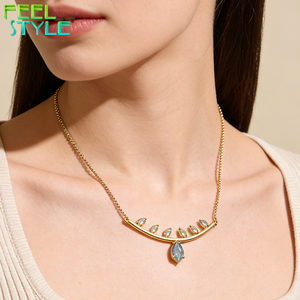 Collar con Colgante de Hoja y Rama con Gema de Circonita Cúbica de Corte Marquesa Totalmente Personalizado para Mujer, Cadena de Acero Inoxidable 316 con Baño de <span class=keywords><strong>Oro</strong></span> Grueso PVD - Product Image 1
