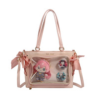 Sac bandoulière tendance personnalisé en forme de cœur, motif papillon flamme rose, en cuir PU avec fenêtre transparente, pour fans d'anime et streetwear