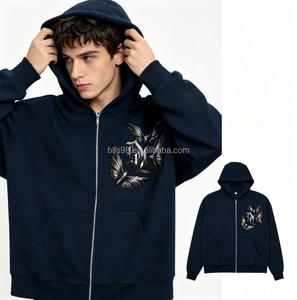 Sudadera con Capucha Azul Marino para Hombre con Diseño de Murciélago, Corte Regular, Informal, con Logotipo Frontal en Color Sólido y Tejido de Punto - Product Image 1