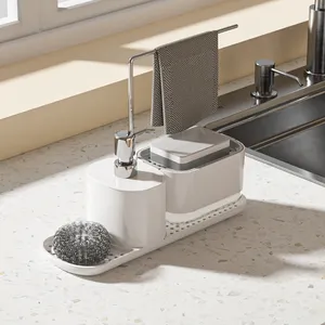 Organisateur d'accessoires de cuisine presse manuelle outils de nettoyage distributeur de savon à vaisselle 4 en 1 avec porte-serviettes