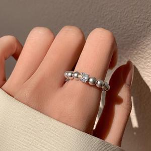 Bague en argent pur S925 avec perle Shijia, fil élastique, petit cube de zircon, simple, quotidienne, compacte, élégante - Product Image 5
