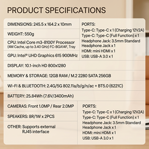 Tablette <span class=keywords><strong>portable</strong></span> 2 en 1 CoreNest 10,1 pouces, processeur Intel Core M3 8100Y, 12 Go de RAM, 256 Go de SSD, clavier détachable, PC <span class=keywords><strong>portable</strong></span> pour les entreprises - Product Image 4