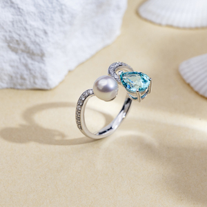 Anillo de oro de 18 quilates con dos piedras de aguamarina de laboratorio en forma de pera, modelo MSR-1633 de Messi Jewelry. - Product Image 5