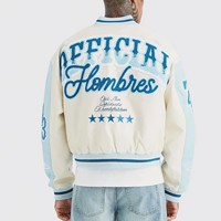 Chaqueta Varsity Azul Crema Personalizada para Hombre, Parches Bordados en Chenilla, Bloques de Color, Estilo Bomber, Fabricante de Ropa con Etiqueta Privada OEM ODM