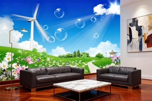 Papier peint paysager moderne écologique et imperméable - Motif moulin à vent, bulles et <span class=keywords><strong>prairie</strong></span> fleurie pour murs <span class=keywords><strong>de</strong></span> salle à manger et <span class=keywords><strong>de</strong></span> chambre - Installation facile - Product Image 2