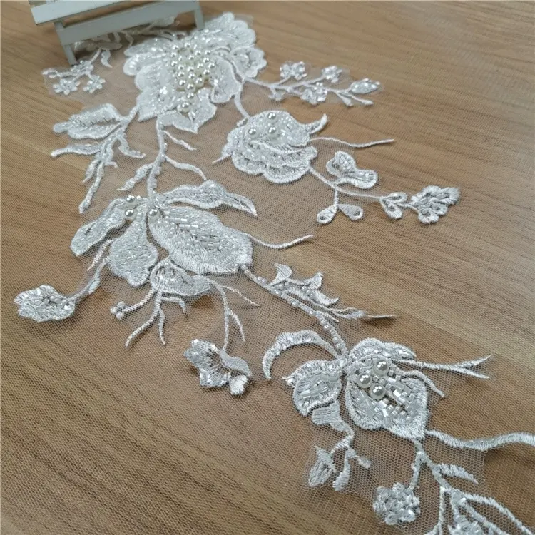 Wholesale Handmade beaded Flower Applique Rayon White Sequins Embroidery Bridal Lace Patch