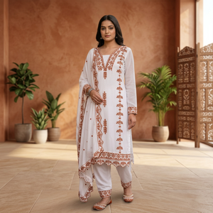 TENNECY Kurti pour femme en tissu faux georgette, style soirée, longueur cheville, coupe classique, avec broderie en fil de coton et dupatta assortie - Product Image 1