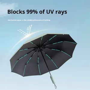 Parapluie de luxe à ouverture automatique, pliable en 3 sections, 10 baleines, imperméable et anti-retour pour hommes et femmes - Product Image 4