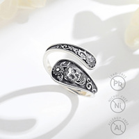 Changda 925 Sterling Silver Personnalisé Gothique Fantôme Crâne Anneau Réglable Vintage Antique Fleur Conception pour Hommes Femmes Style À La Mode