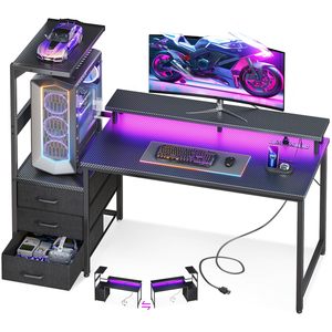 Bureau d'ordinateur moderne en métal avec tiroirs de rangement et éclairage LED, table de travail pour jeux vidéo, finition noire - Product Image 5