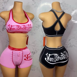 PEEQI C528 2026 Summer Hot Sale Famous Letter Print <strong>Women's</strong> Vest tank Tops and Biker Shorts 2 Piece Sets <strong>Women</strong> <strong>Sexy</strong> <strong>Outfits</strong> - Product Image 1