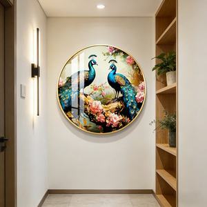 Personalización de Arte Mural 3D, Decoración de Pared para Sala de Estar, Pintura Circular de Pavo Real en Porcelana de Cristal con Luces LED - Product Image 5