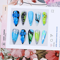Échantillons Gratuits 10 pièces/boîte Nouveau Design Faux Ongles Longs en Acrylique Bleu Fleur Faits Main Couverture Complète à Presser pour Doigts Cadeau de Fête