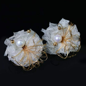 wholesale custom Handmade Italian Mesh Lace Floral <b>Stud</b> Earrings, Imported 14K Gold Filled, High Luster Natural Edison Pearl - Product Image 3