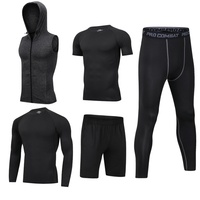Ensemble de sport cinq pièces pour homme, couleur unie, séchage rapide, manches longues, en soie de lait, élasthanne et polyester, pour le fitness