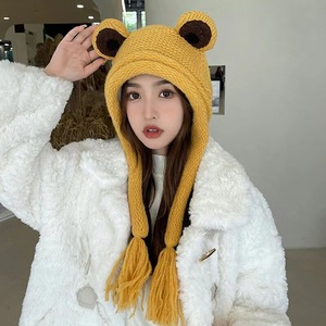 Bonnet d'<span class=keywords><strong>hiver</strong></span> pour <span class=keywords><strong>femme</strong></span> en 100% coton, bonnet en tricot doux avec oreilles de grenouille, avec cordon, non extensible, tissu commun - Product Image 4