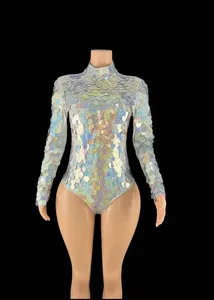 <span class=keywords><strong>Combinaison</strong></span> pour femme en dentelle argentée à paillettes, robe de soirée sexy pour anniversaire, banquet, performance de danse, tenue de boîte de nuit, bar - Product Image 2