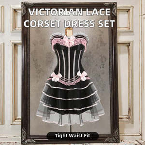 Ecowalson Conjunto de Corsé Clásico Victoriano de Encaje Transpirable, Top Bustier de Satén Vintage Ajustado y Minifalda Plisada, No Tejido - Product Image 2