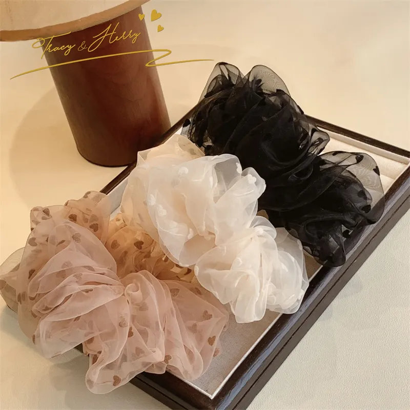 Tracy & Herry 2023 New Vintage Wave Point Love Heart Organza Large Hair Ties Scrunchies Women Elastic Hair Rope Band