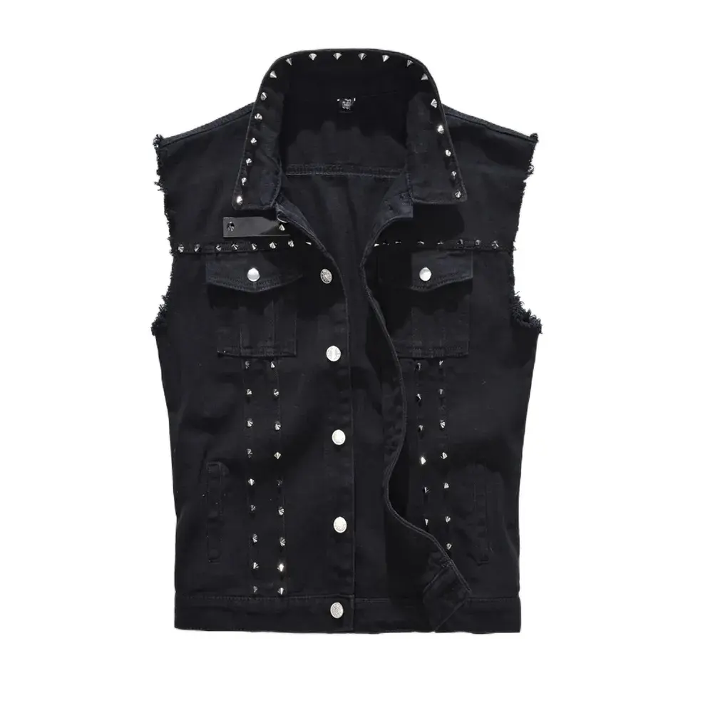 Custom street wear punk sleeveless denim vest heavy metal decoration Hiphop jackets coats for Men