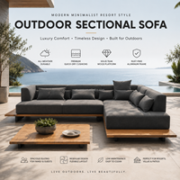 Canapé d'extérieur modulable en teck de luxe moderne, gris foncé, rembourré, en forme de L, mobilier de patio à profil bas pour villa et complexe hôtelier