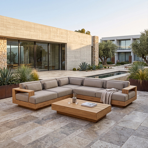 Canapé modulaire en teck en forme de L pour l'extérieur, tissu imperméable, pour hôtel, <span class=keywords><strong>jardin</strong></span>, terrasse, ensemble de meubles de resort - Product Image 1