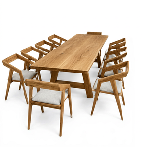 Ensemble de table à manger rectangulaire d'extérieur en teck massif avec 10 fauteuils rembourrés de style mid-century pour patio - Product Image 1