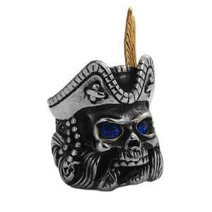 Bague Crâne pour Homme, Style Punk Pirate, en Acier Titane, Yeux Bleus, Plume Dorée, Bijou Rétro Tendance, Cadeau - Product Image 4