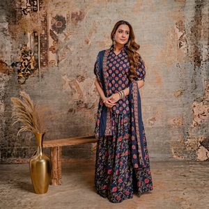 Traditional <b>Navy</b> Blue Cotton Floral Printed Kurti With Long <b>Skirt</b> & Dupatta Set For <b>Women</b> Casual Wear India Pakistan Style - Product Image 1