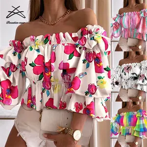 Kadın gömlek Casual yeni kadın yaz çiçek baskılı bluzlar kapalı omuz Polka Dot kadınlar bayanlar çiçek bluz gömlek Tops tops