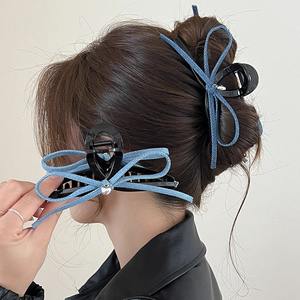 Pinza para el pelo de tela vaquera con lazo de 13 cm para mujer, accesorio de verano, pinza de tiburón, accesorio elegante para peinados. - Product Image 1