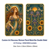 Carte de collection en métal double face, style Art Nouveau vintage, motif Iris, Tournesol, Libellule, avec cadre doré, décoration florale naturelle, cadeau
