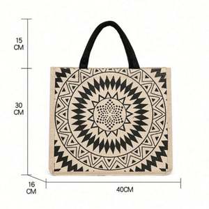 Bolso de Hombro de Yute de Gran Capacidad Estilo Bohemio, Bolso de Compras Geométrico Retro, Bolso de Playa de Cáñamo para Mujer - Product Image 2