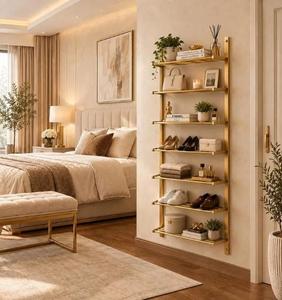 Handmade Brass Wall <b>Shelving</b> <b>Unit</b> 6 Tier Modern Storage Rack Open Display Organizer for Kitchen Living Room Bathroom and Home - Product Image 6