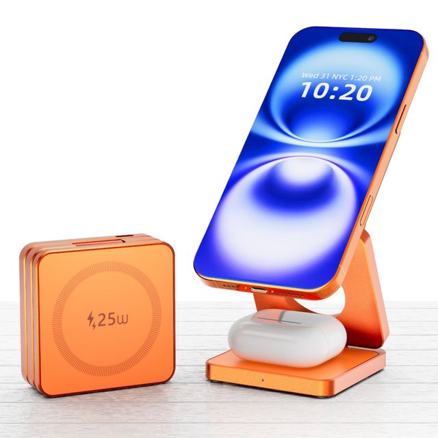 25W 3in1 Foldable Magnetic Wireless Charger Type-C 360 Rotation Metal Oil Painting KC/CE/FCC/RoHS Certified 68mm