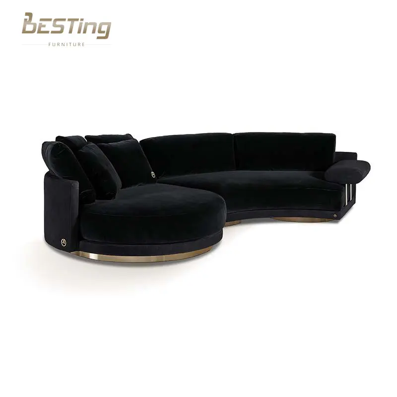 Modern luxence luxury living room furniture office black and gold metal base sectional 3 seater velvet sofa set