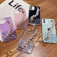 Étui de téléphone transparent avec chaîne de perles scintillantes pour iPhone 13 Pro Max, accessoire de téléphone portable unique