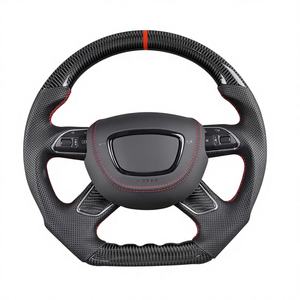 Volant en carbone forgé sur mesure pour <span class=keywords><strong>Audi</strong></span> A3 8P A4 B7 A6 C6 Q7 4L 2005-2012 - Cuir perforé et surpiqûres rouges - Product Image 1