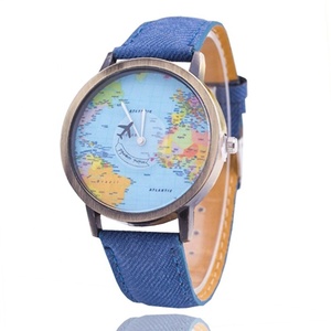 นาฬิกาข้อมือผ้าเดนิม ผ้าแคนวาส สายหนัง ลายแผนที่โลก รูปทรงเครื่องบิน - Product Image 1