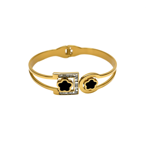 Fashion Bangle 316L Stainless Steel PVD Gold Plating Black Clover Design <b>Crystal</b> Accent <b>Bracelet</b> - Product Image 2