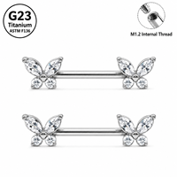 Anneau de piercing pour téton en titane ASTM F136, motif papillon avec zircone cubique, barbell droit à filetage externe M1.2, bijoux de mode, conception personnalisée