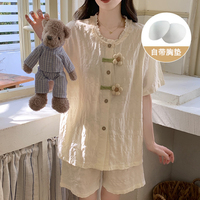 Piyama Musim Panas Wanita Mewah Korea, Motif Beruang Kecil Lucu, Lengan Pendek, Celana Pendek, Gaya Putri dengan Renda, Setelan Baju Rumah dengan Bantalan Dada