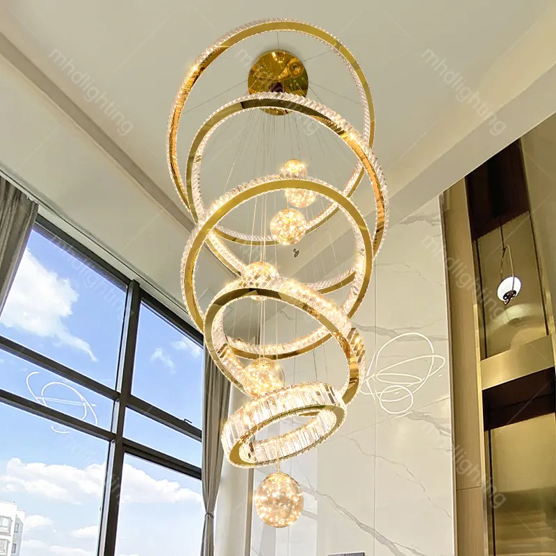 2024 nuovo moderno soffitto alto casa Villa Hotel luce pendente Lobby sospensione scala Cristal Led di lusso anello di cristallo lampadario