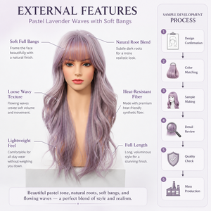 Perruque longue ondulée lavande à franges, résistante à la chaleur, en <span class=keywords><strong>cheveux</strong></span> synthétiques, couleur violet pastel, pour femmes, mode quotidienne, directement de l'usine - Product Image 3
